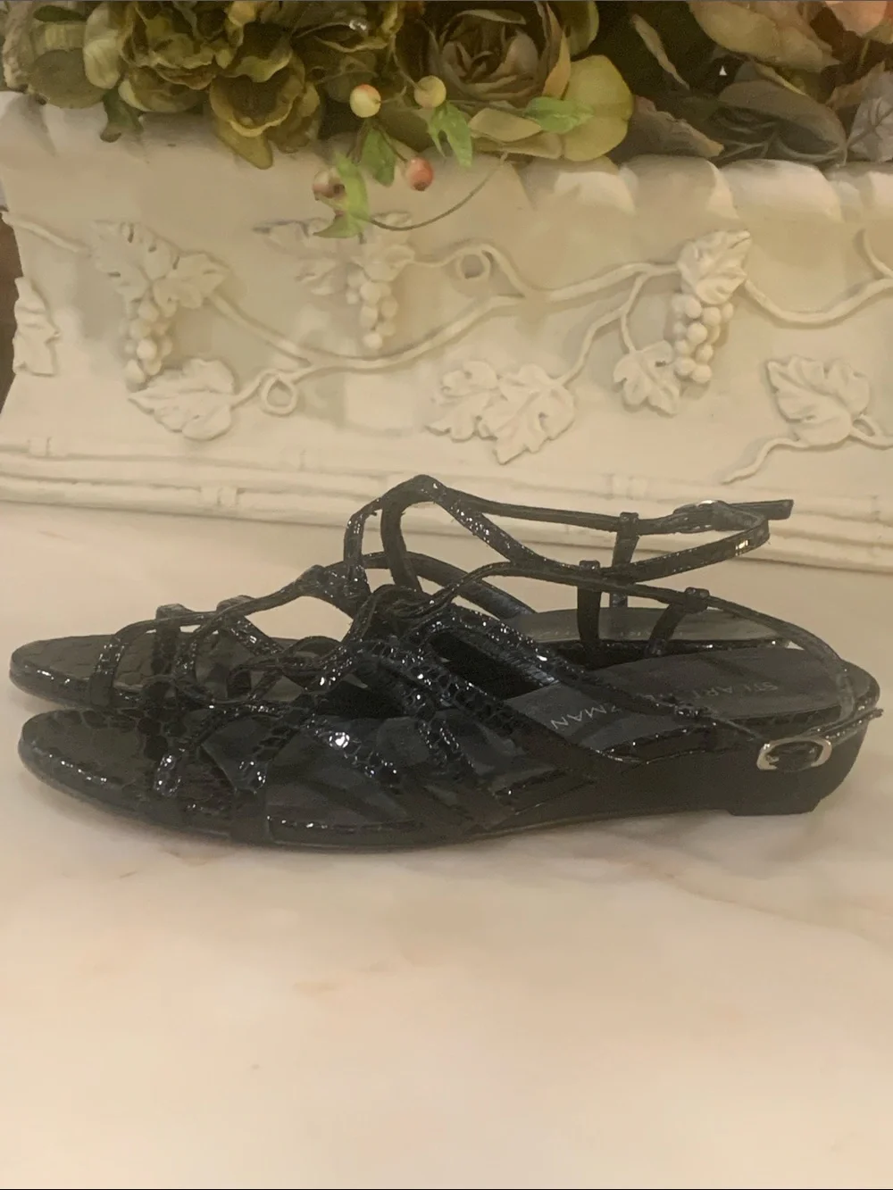 Stuart Weitzman black snake-embossed strappy low-wedge sandals Size 8